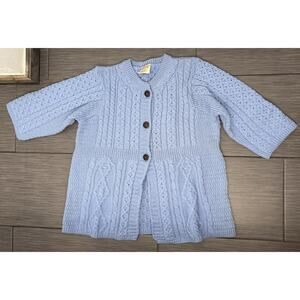 Kilronan Knitwear Ireland 100% Merino Wool Blue Cable Knit Long Sweater Size XL